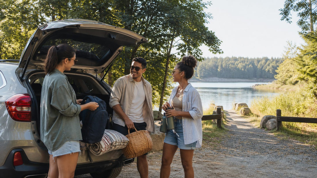 Adult friends preparing for a relaxed Labor Day outdoor day trip at a lakeside trailhead