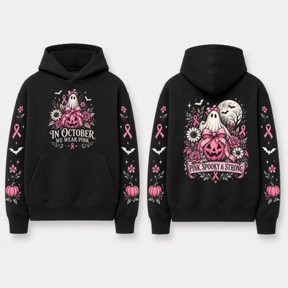 In October We Wear Pink Spooky Ribbon Hoodie - Breast Cancer Support Pullover