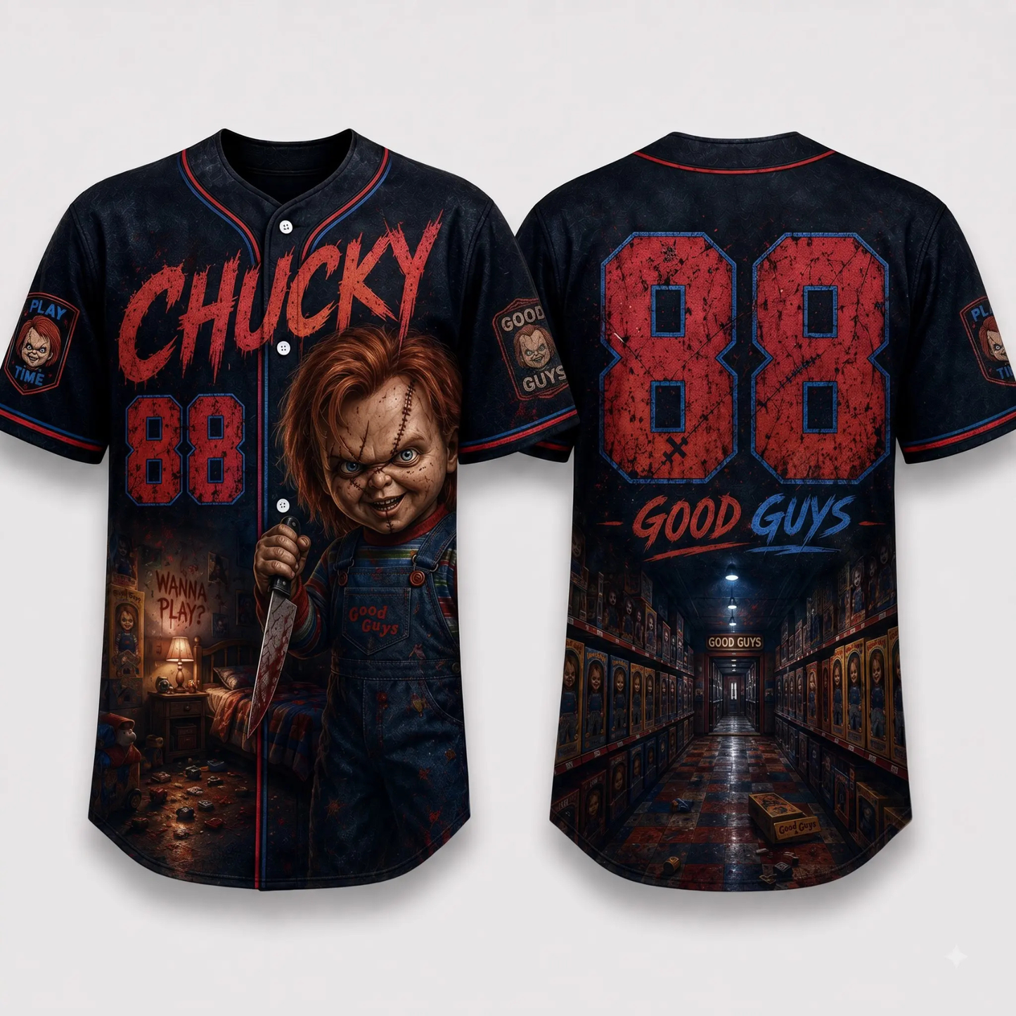 Horror Slasher Baseball Jersey - Gothic Halloween Button Front Shirt & Dark Graphic Top