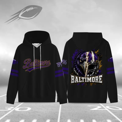 Unisex Football City Graphic Hoodie - Black Pullover Back Helmet Art