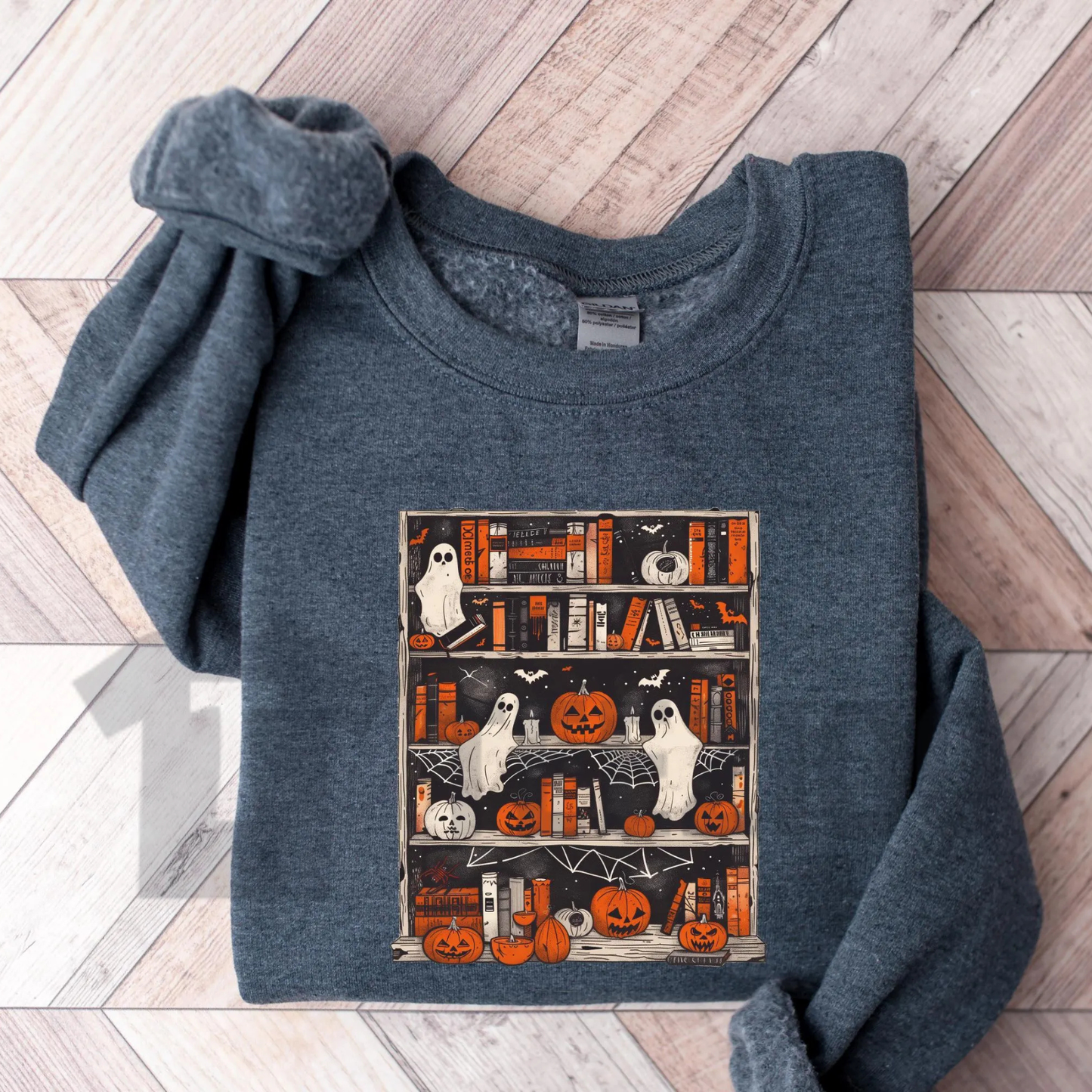 Ghost Bookcase Sweatshirt - Full Color Spooky Bookworm Crewneck