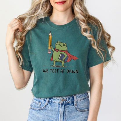 Funny Teacher Frog T-Shirt – “We Test At Dawn” Exam Humor Tee, Classroom Joke Shirt