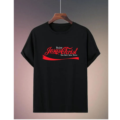 "Enjoy Jesus" Vintage Soda Script T-Shirt – Classic Retro Pop Faith Graphic, Remastered Heavy Cotton Spiritual Top, Made in USA