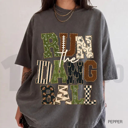 Patchwork Run The Dang Ball Shirt – Leopard Football Mom Retro Game Day Tee