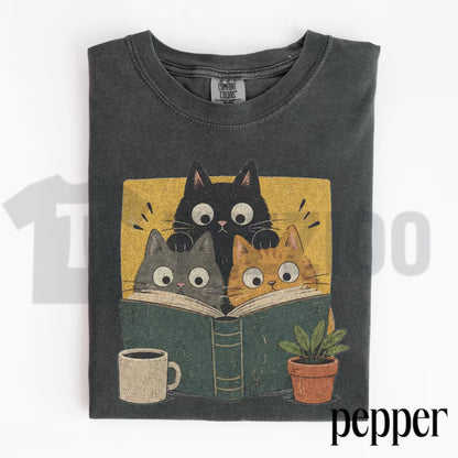 Retro Curious Reading Cats Comfort Colors Shirt – Book Lover Graphic Tee