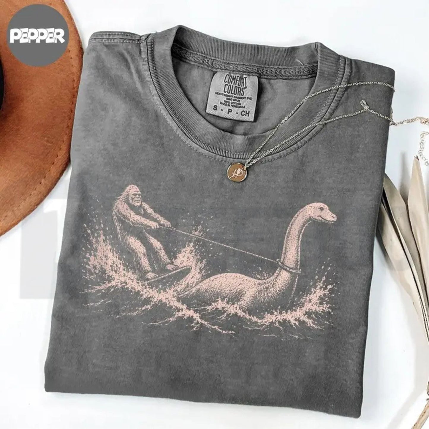 Funny Bigfoot Loch Ness Waterskiing Comfort Colors Shirt – Retro Cryptid Tee