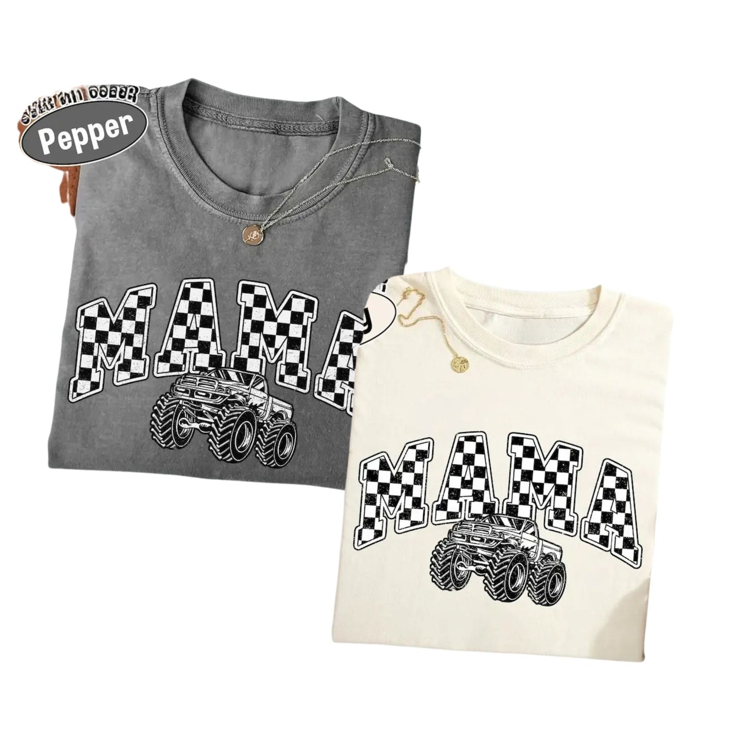 Comfort Colors® Monster Truck Mama T-Shirt – Oversized Checkered Mom Graphic Tee, Retro Racing Mama Shirt, Trendy Distressed Motherhood Gift
