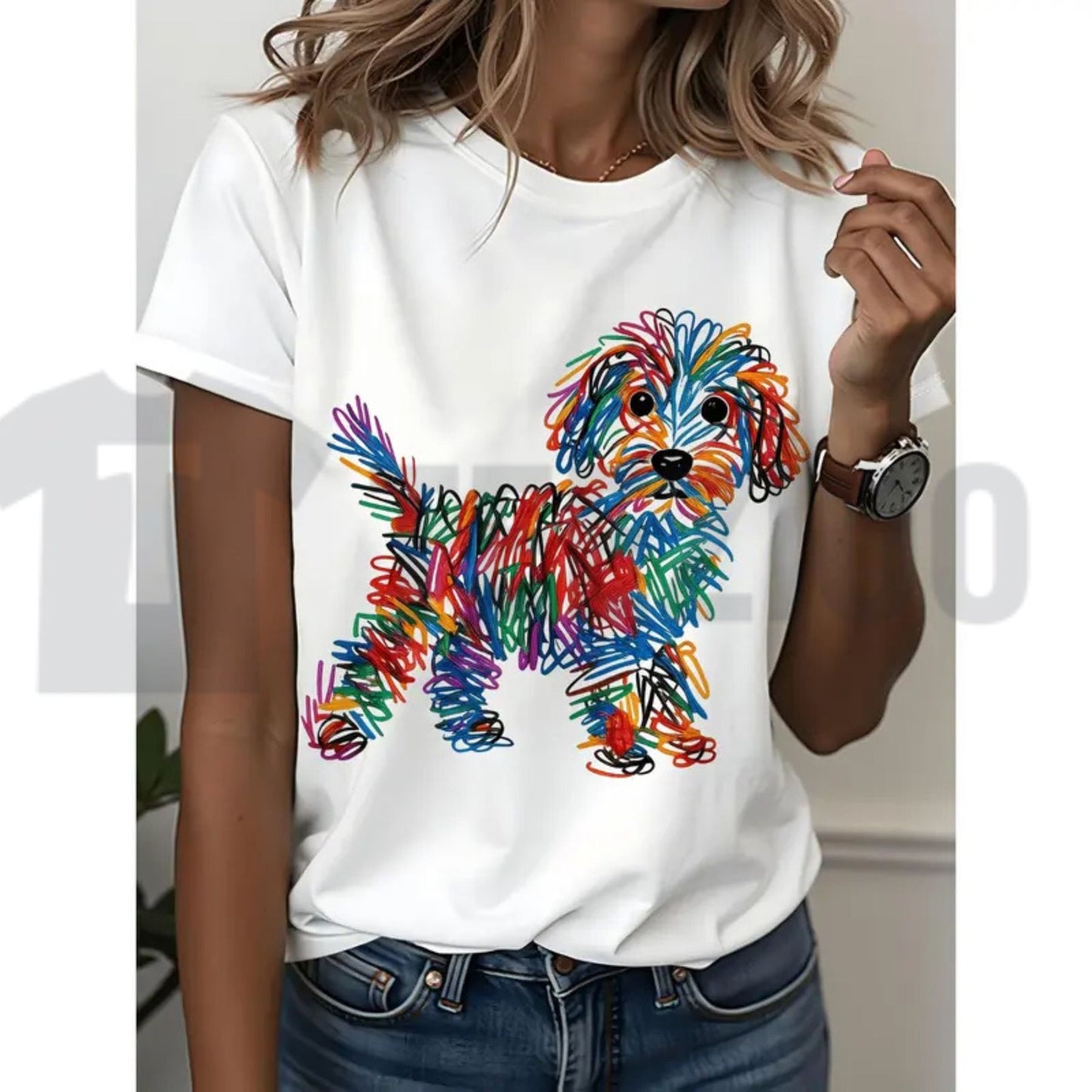 Rainbow Line Puppy Print Creative Graffiti Style White Cotton Dog Lovers T-Shirt