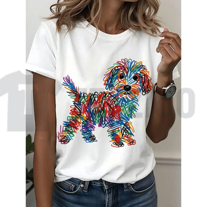 Rainbow Line Puppy Print Creative Graffiti Style White Cotton Dog Lovers T-Shirt