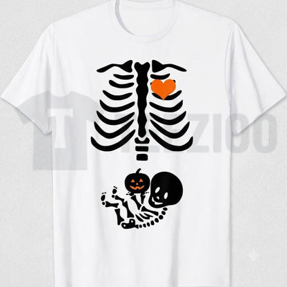Skeleton Baby Rib Cage Maternity Funny Halloween Pregnant Pumpkin Graphic T-Shirt