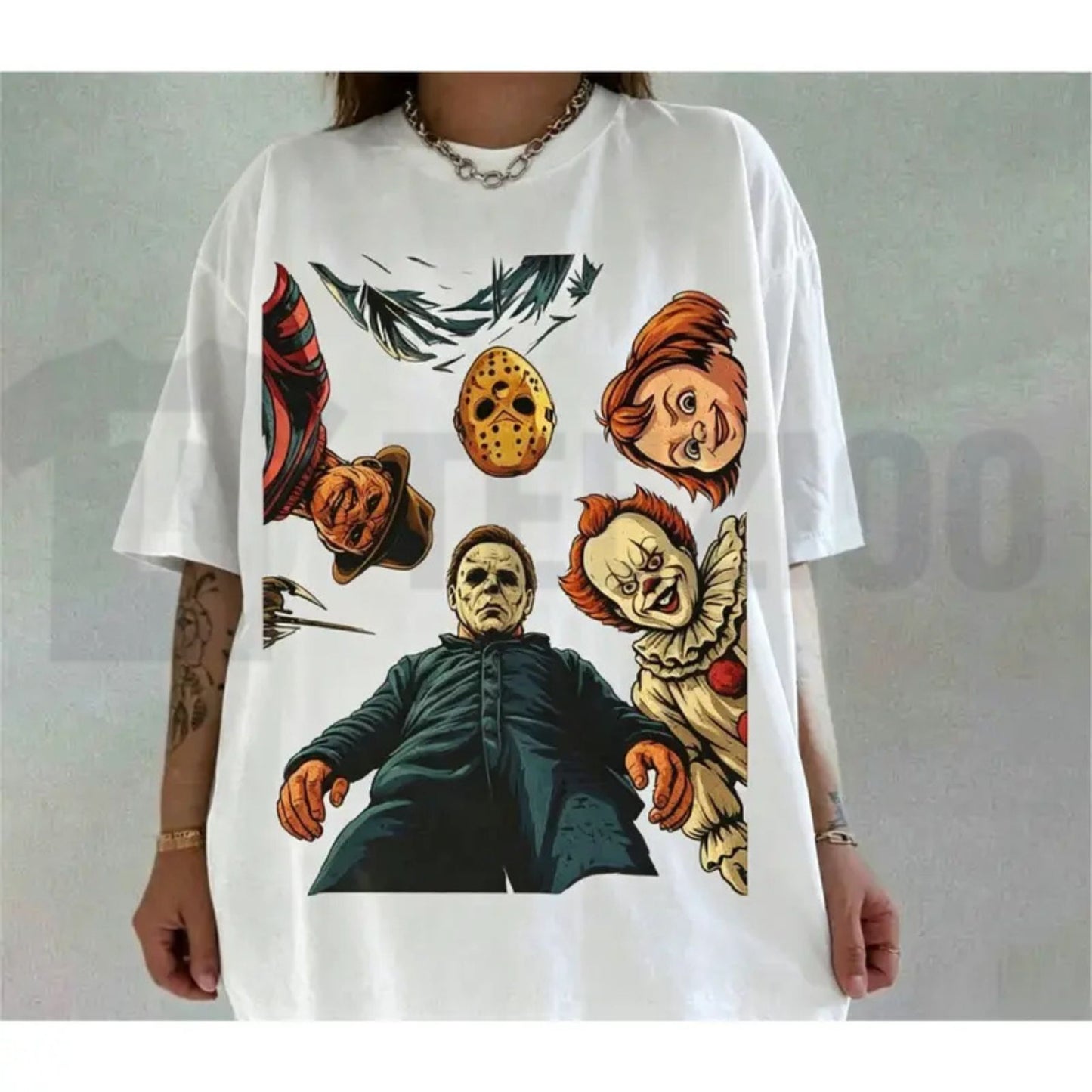 Retro Halloween Characters Tee – Vintage Spooky Season Horror Movie Shirt