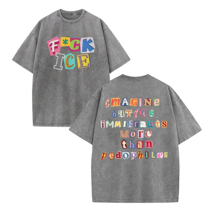 2-Sided "Anti ICE" Graphic Tee – Vintage Washed Magazine Letter Shirt - Teezioo