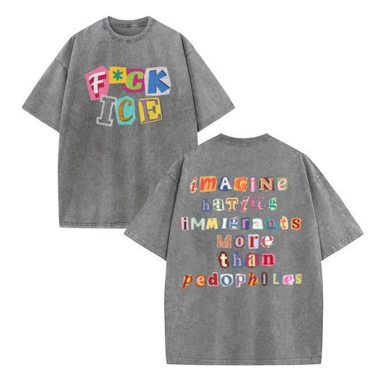 2-Sided "Anti ICE" Graphic Tee – Vintage Washed Magazine Letter Shirt - Teezioo