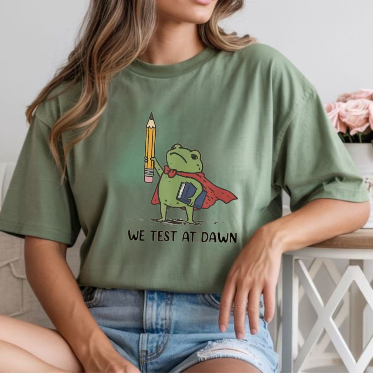 Funny Teacher Frog T-Shirt – “We Test At Dawn” Exam Humor Tee, Classroom Joke Shirt