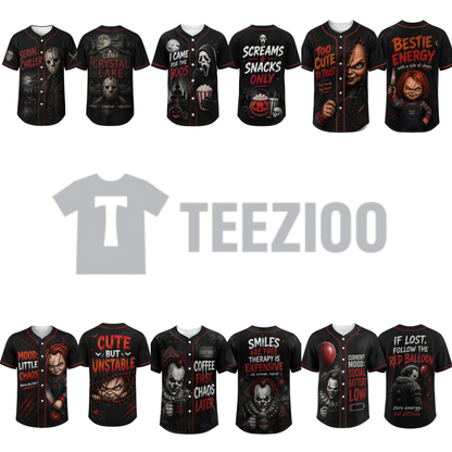 Unisex Horror Graphic Print Baseball Jersey - Slasher Theme Spooky Button-Up