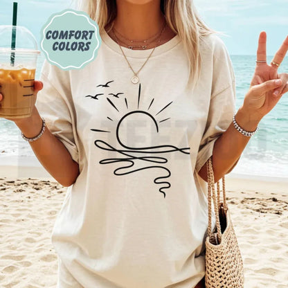 Sun Ocean Boho Comfort Colors Shirt – Minimalist Linear Summer Beach Tee