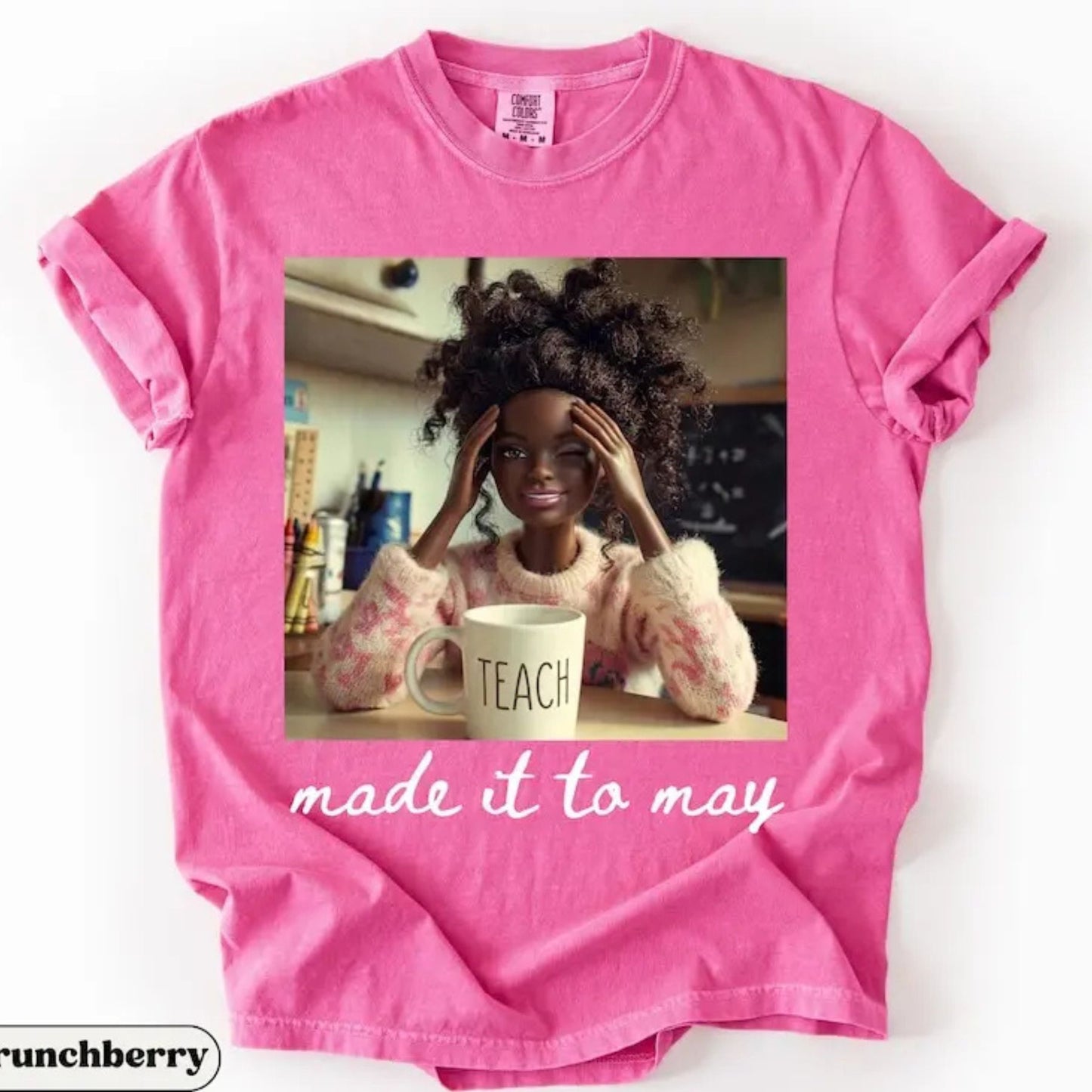 Comfort Colors Made It To May Teacher T-Shirt – Funny Doll Face Meme Graphic Tee, End of School Year Humor Shirt