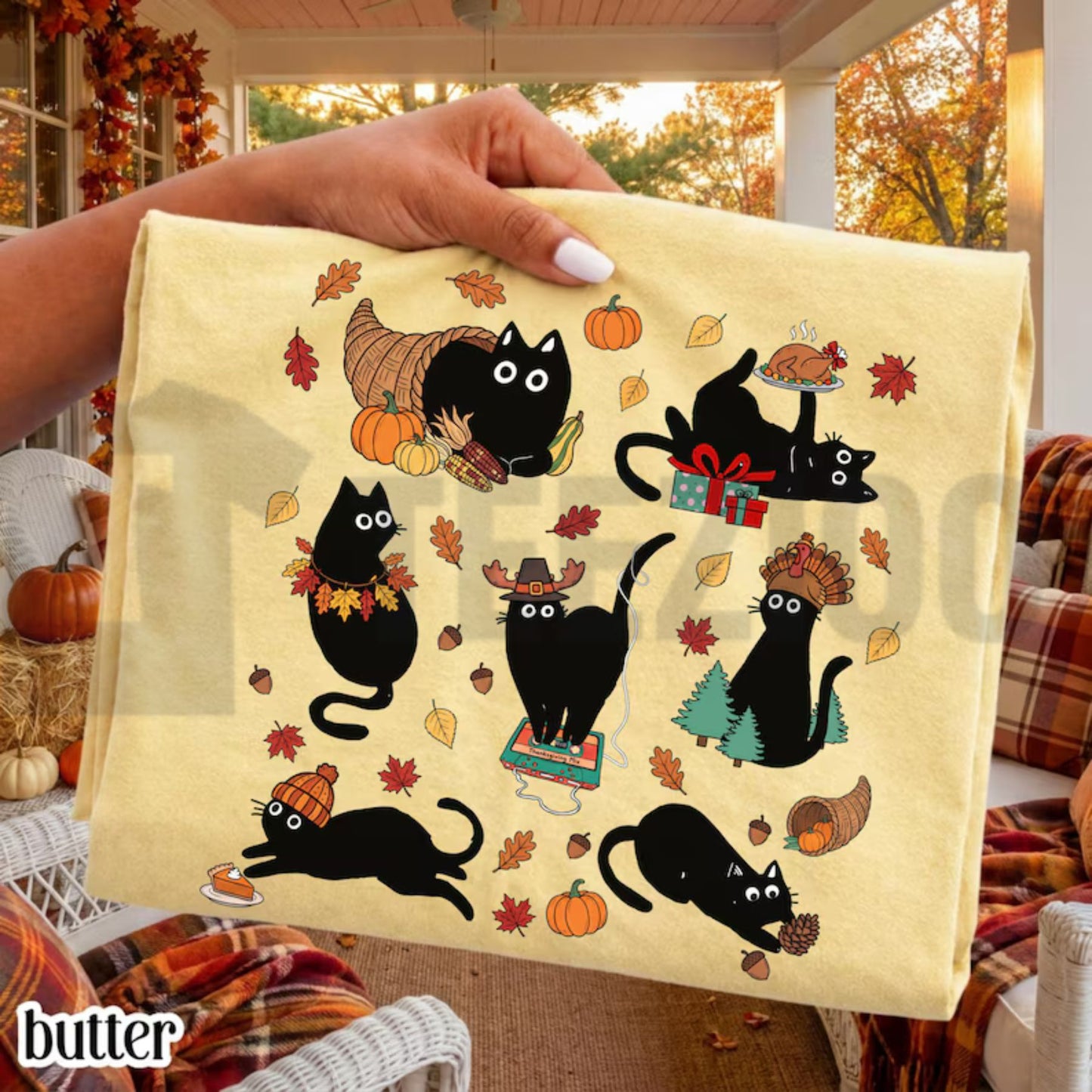 Thanksgiving Black Cat Comfort Colors Shirt – Retro Autumn Cozy Season Tee