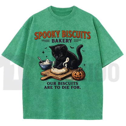 Spooky Black Cat Vintage Graphic Tee – Oversized Halloween Acid-Wash Shirt