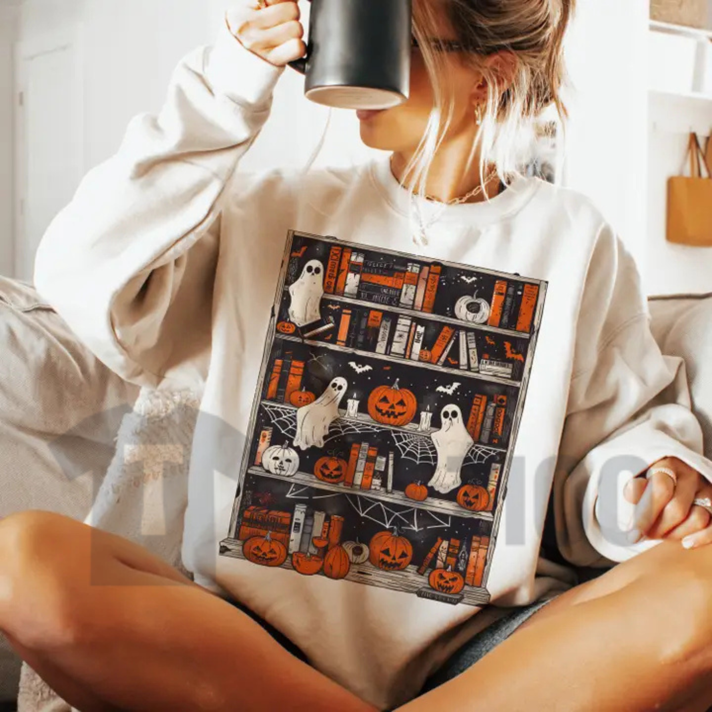 Ghost Bookcase Sweatshirt - Full Color Spooky Bookworm Crewneck