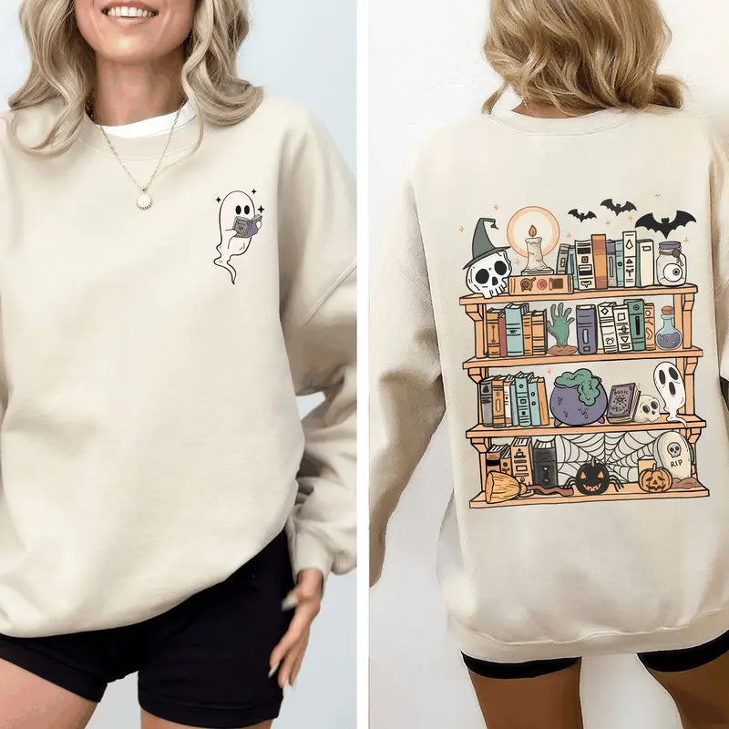 Reading Ghost Halloween Sweatshirt - Spooky Cute Library Teacher Pullover (Front & Back Print)