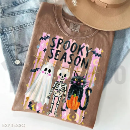 Preppy Spooky Season Shirt – Coquette Skeleton Black Cat Ghost Halloween Tee