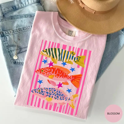 Comfort Colors Preppy Fish T-Shirt – Colorful Maximalist Fishing Graphic Tee, Cute Coastal Aesthetic Shirt for Women