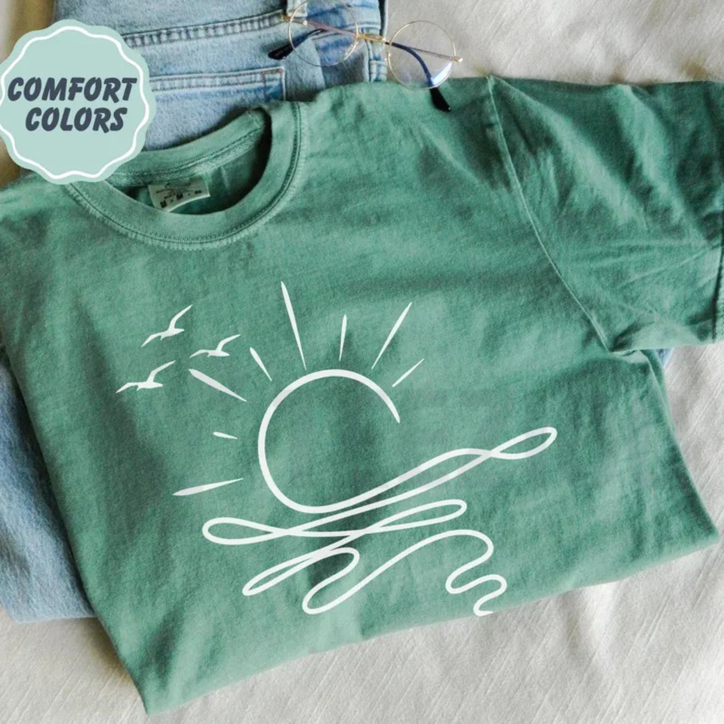 Sun Ocean Boho Comfort Colors Shirt – Minimalist Linear Summer Beach Tee