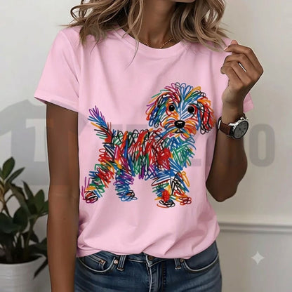 Rainbow Line Puppy Print Creative Graffiti Style White Cotton Dog Lovers T-Shirt