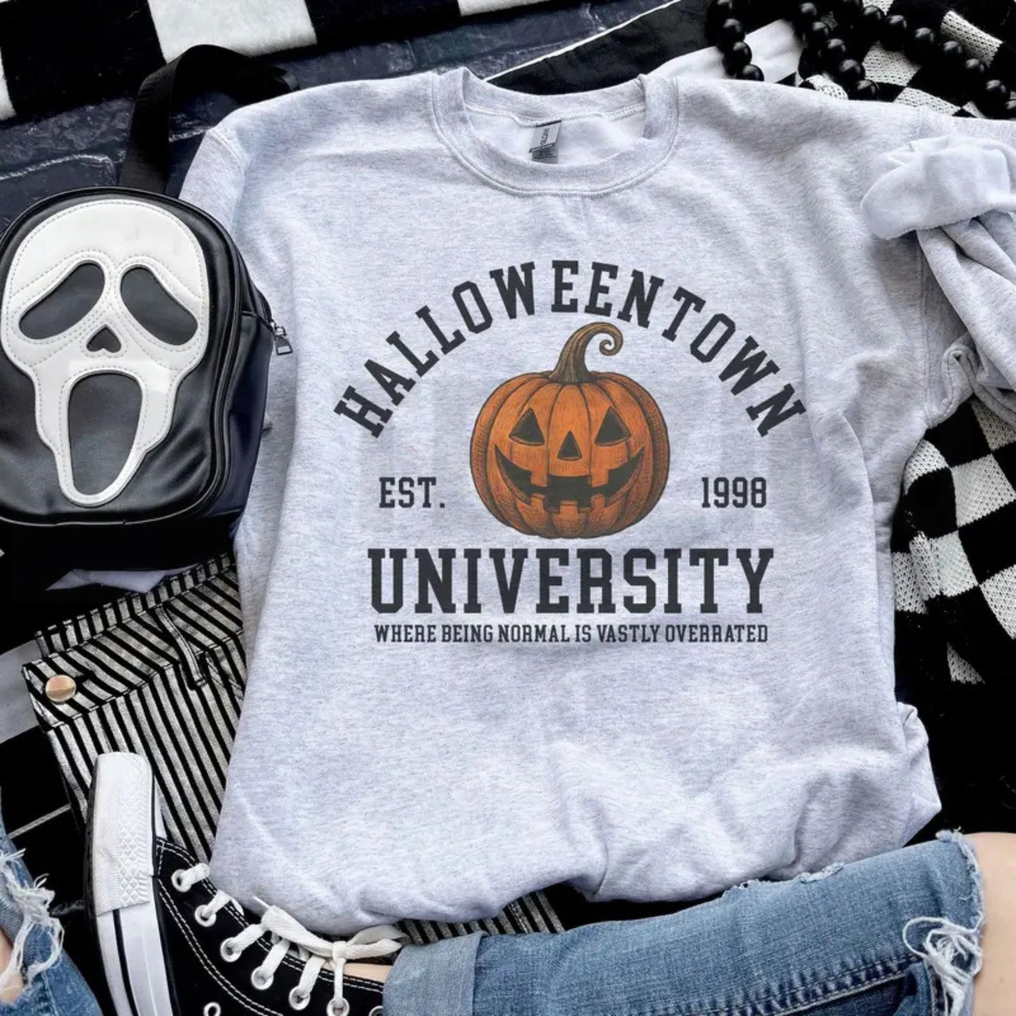 Spooky University Pumpkin Sweatshirt – Halloween College Graphic Crewneck, Vintage Fall Pumpkin Pullover