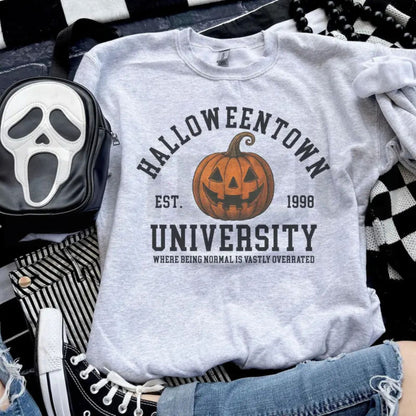 Spooky University Pumpkin Sweatshirt – Halloween College Graphic Crewneck, Vintage Fall Pumpkin Pullover