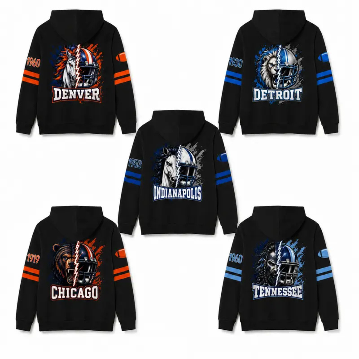 Unisex Football City Graphic Hoodie - Black Pullover Back Helmet Art