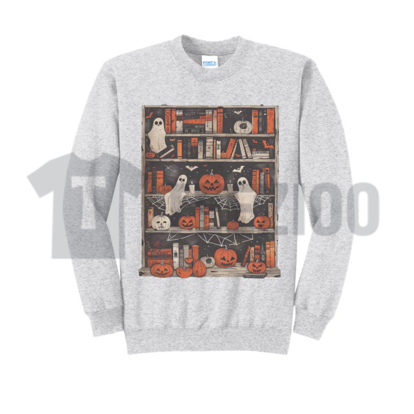 Ghost Bookcase Sweatshirt - Full Color Spooky Bookworm Crewneck