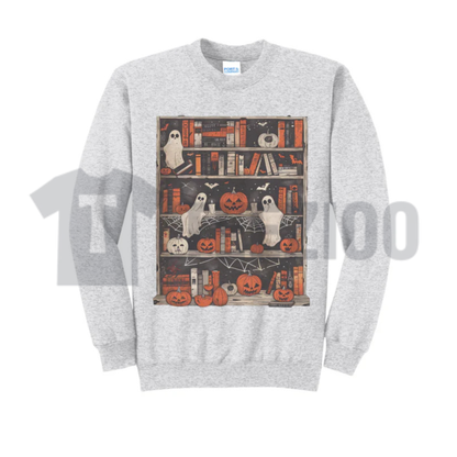 Ghost Bookcase Sweatshirt - Full Color Spooky Bookworm Crewneck