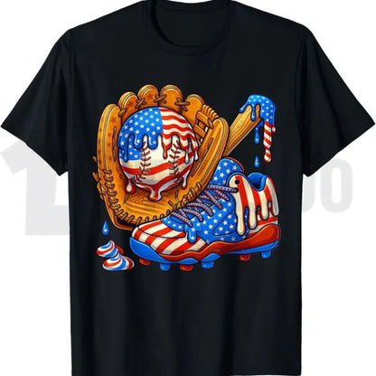 Baseball Drip Patriotic Ice Cream US Flag Youth Boys Summer Graphic T-Shirt