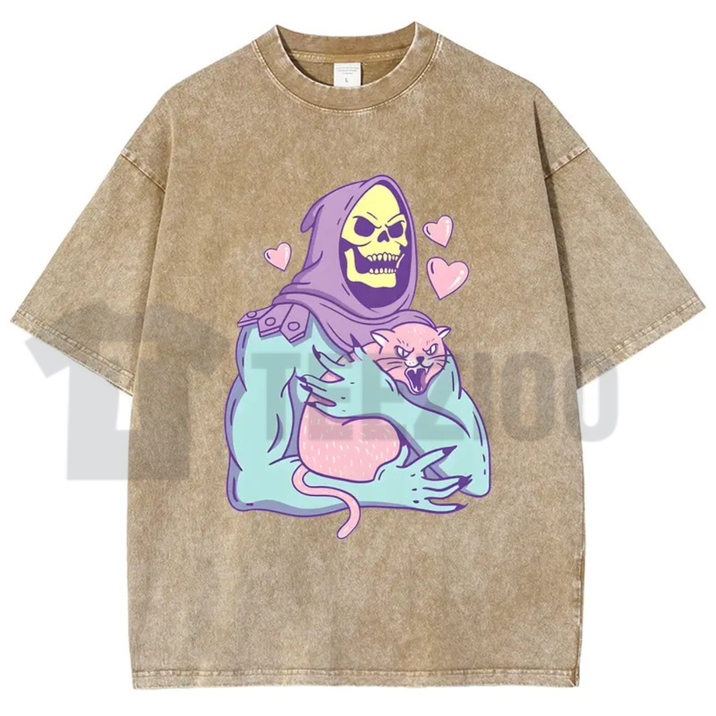 Urban Funny Skull Cat Acid Washed Shirt - 80s 90s Retro Streetwear Graphic Tee