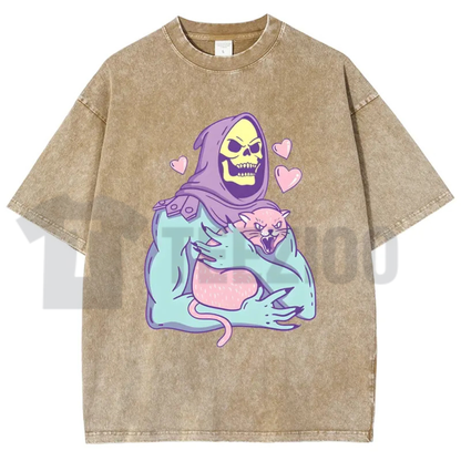 Urban Funny Skull Cat Acid Washed Shirt - 80s 90s Retro Streetwear Graphic Tee