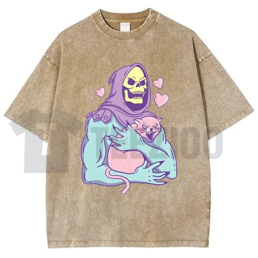 Urban Funny Skull Cat Acid Washed Shirt - 80s 90s Retro Streetwear Graphic Tee