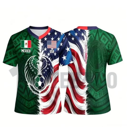 Split Half Mexico Green Tribal & US Stars Stripes Athletic V-Neck Shirt - Dual Heritage Soccer Jersey