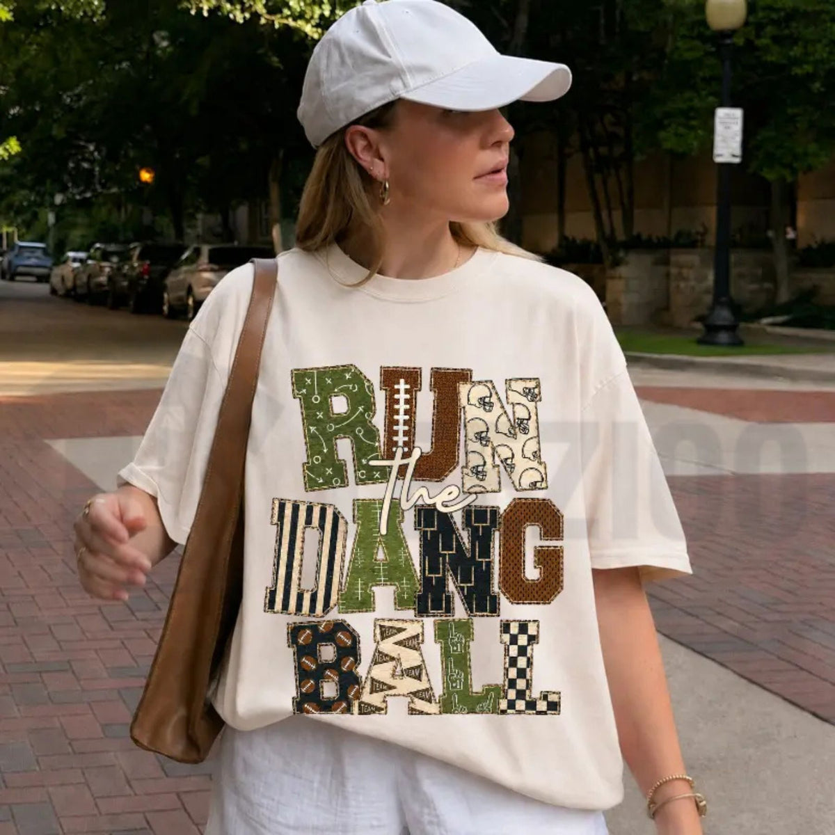 Patchwork Run The Dang Ball Shirt – Leopard Football Mom Retro Game Day Tee
