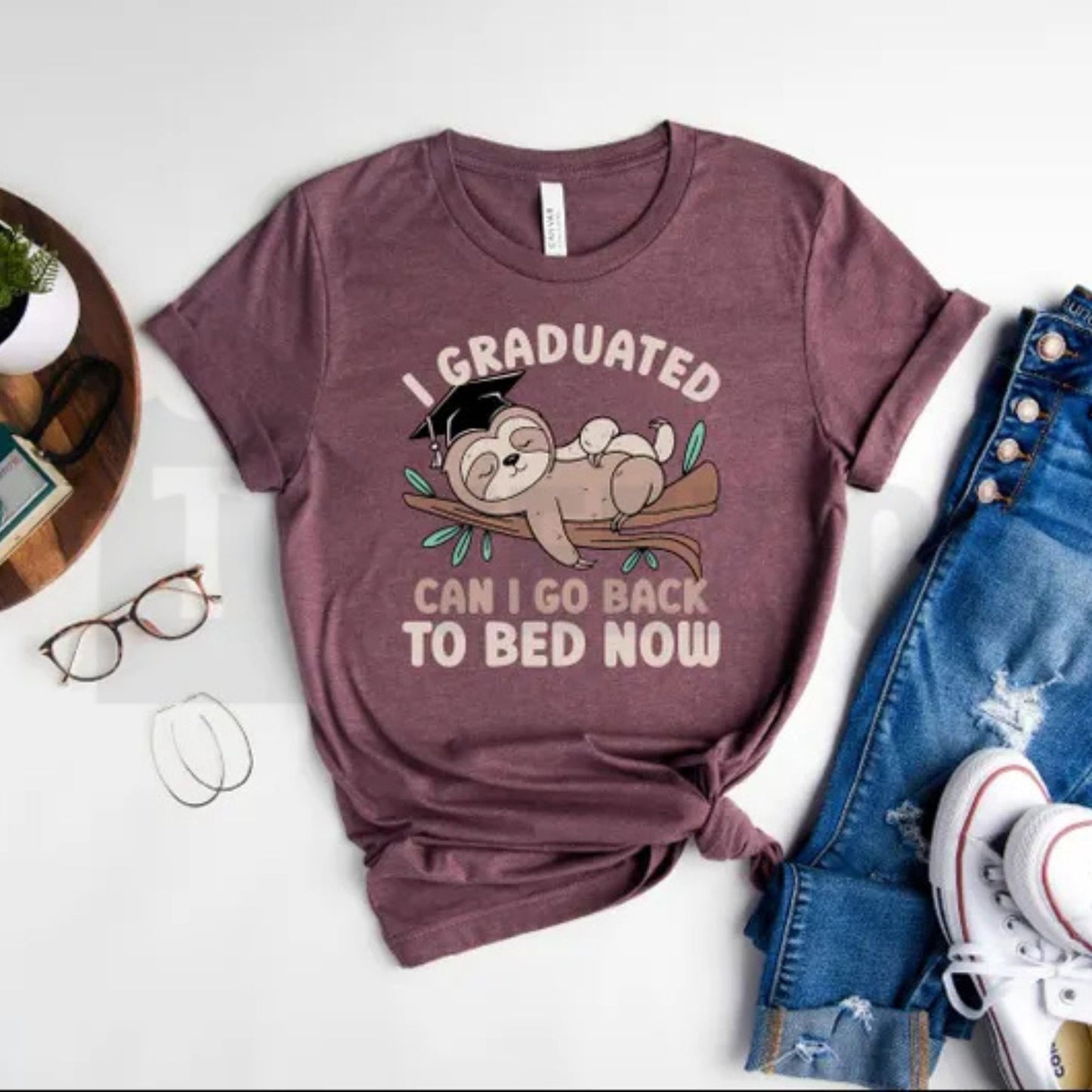 Funny Sloth Graduation T-Shirt – Relatable Graduate Gift Graphic Tee, Lazy Can I Go Back To Bed Urban Top