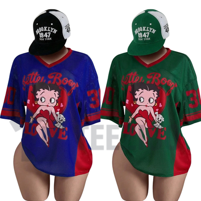 Y2K Vintage Doll Print Mesh Top | Retro V-Neck Streetwear
