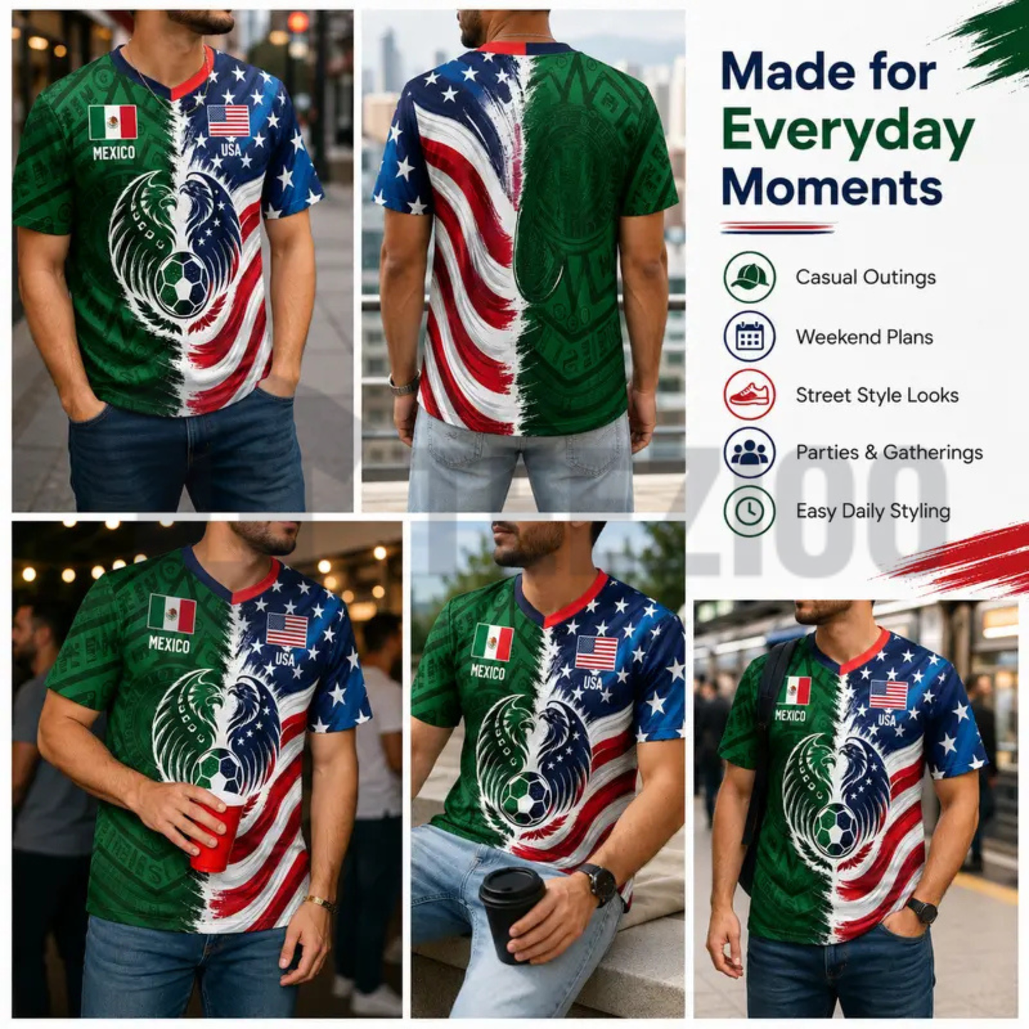 Split Half Mexico Green Tribal & US Stars Stripes Athletic V-Neck Shirt - Dual Heritage Soccer Jersey