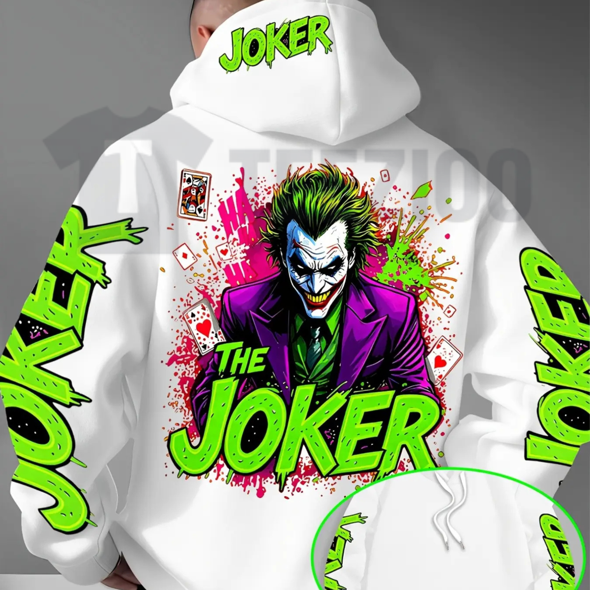 Fluorescent Joker Print Hoodie - Neon Cyberpunk Streetwear Graphic Pullover