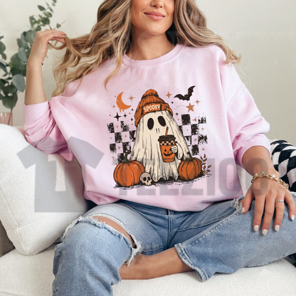 Ghost Checker Graphic Sweatshirt - Retro Checkerboard Ghost Crewneck