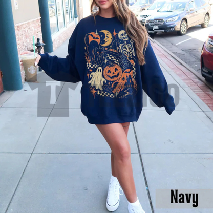 Retro Vintage Black Cat Ghost Skeleton Sweatshirt - Spooky Cute Halloween Pullover