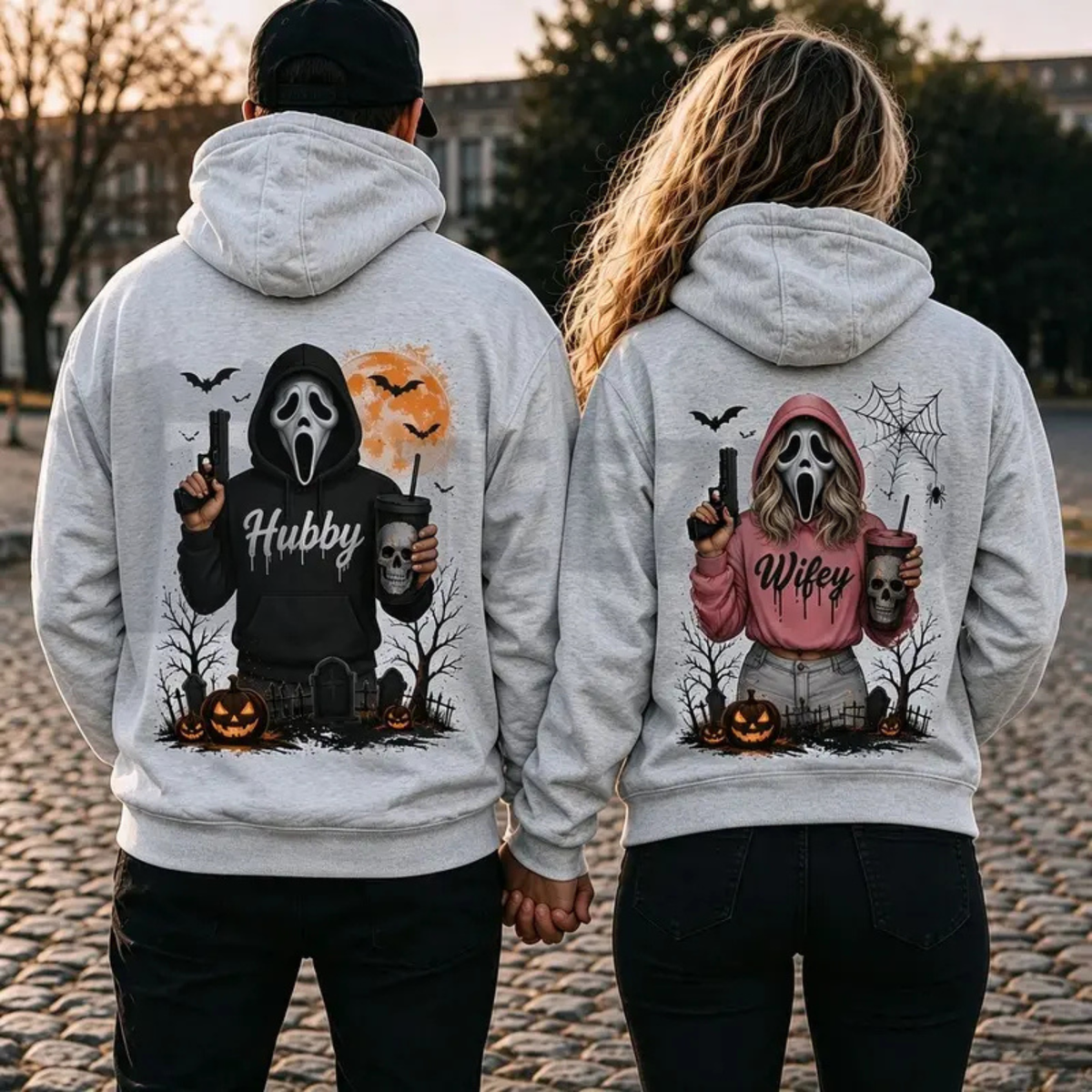 Hubby Wifey Halloween Spooky Season Couple Hoodies - Retro Skeleton Matching Pullover