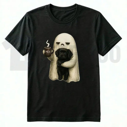 Spooky Black Cat & Coffee Graphic Shirt – Ghost Cat Halloween Apparel