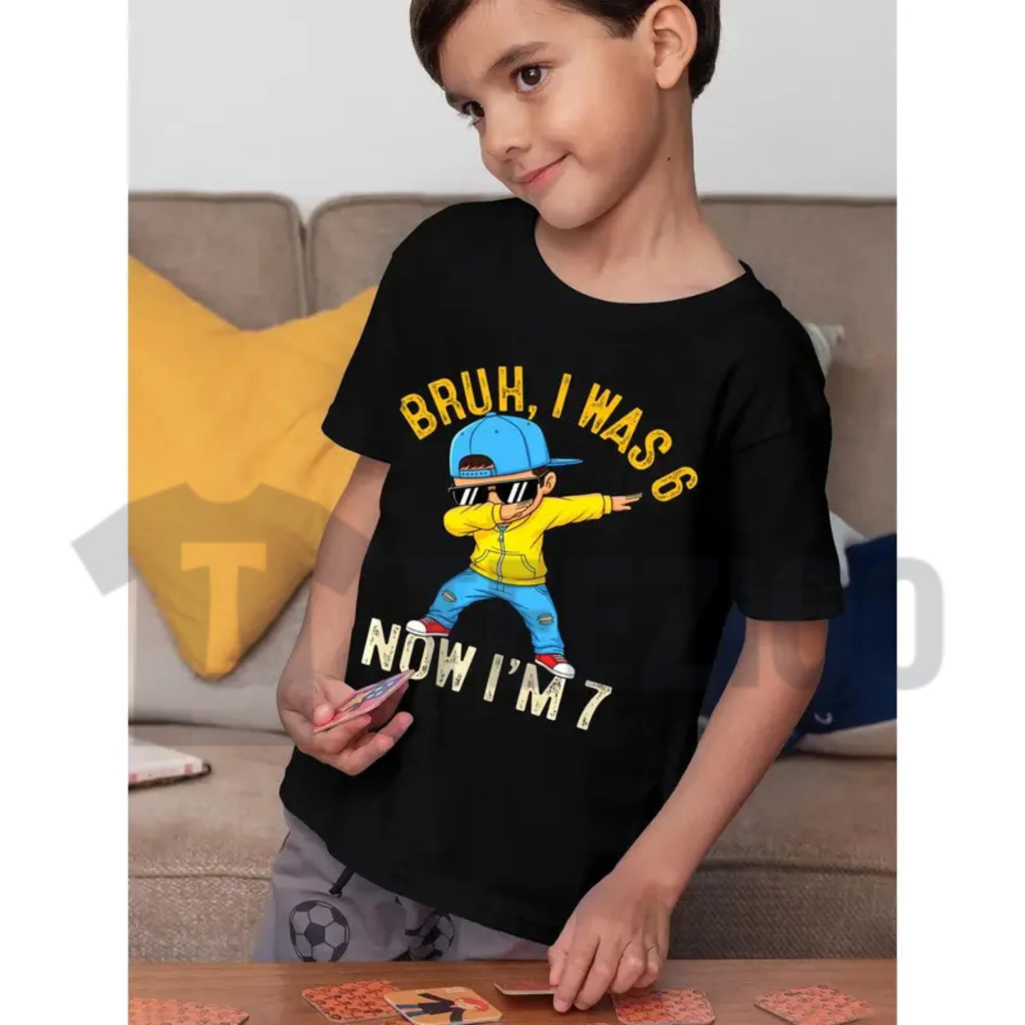 7 Years Old Birthday Boy Shirt – Bold Typography Dabbing Skeleton Graphic Tee