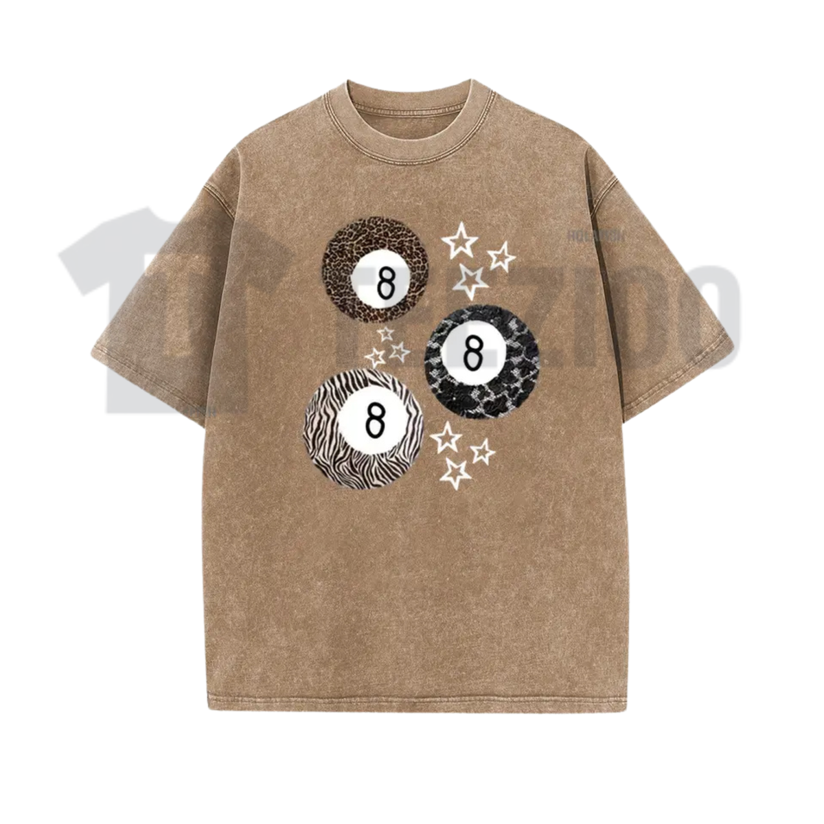 8 Ball Leopard and Stars Print Shirt - Retro Y2K Vintage Acid Washed Graphic Tee
